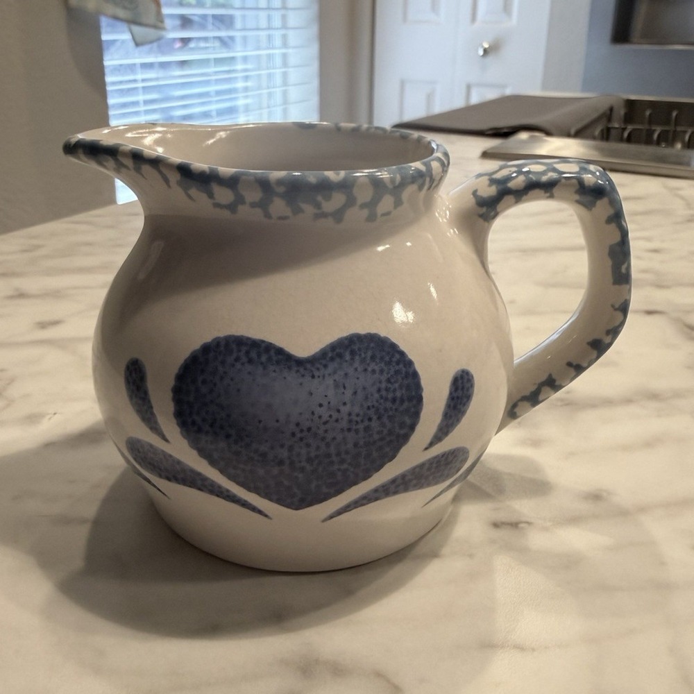 Blue Sponge Heart Ceramic Pitcher Creamer Farmhouse Decor Vintage Style